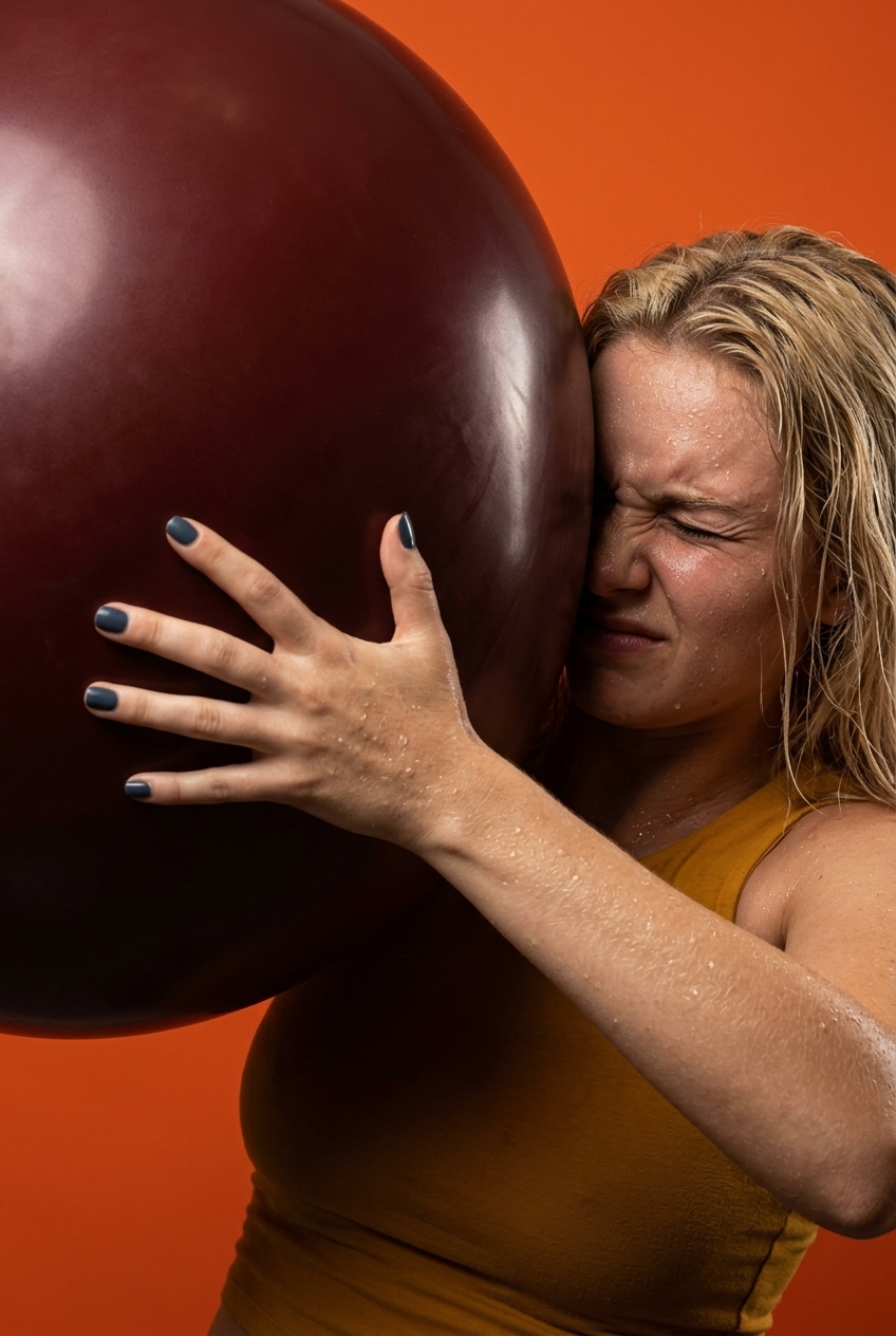 Das Bild zeigt eine junge Frau mit langen, blonden Haaren und schweißbenetzter Haut, die ihr Gesicht mit angespanntem Ausdruck gegen einen großen, weinroten Gymnastikball drückt.