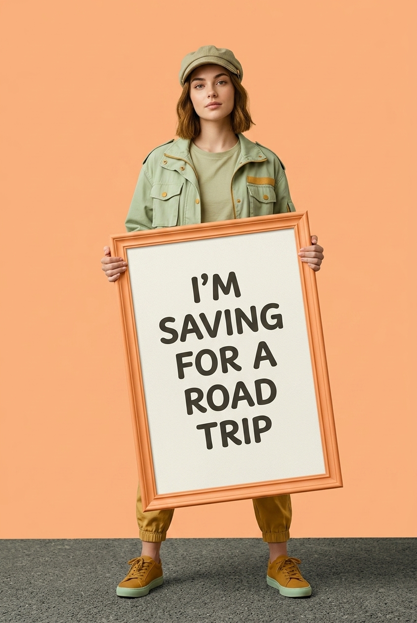 Ein photorealistisches Porträt im Hochformat zeigt eine junge Frau vor einem einfarbigen, hellorangenen Hintergrund, die ein Schild mit der Aufschrift „I'M SAVING FOR A ROAD TRIP“ in einem orangefarbenen Rahmen hält. Sie trägt eine mintgrüne Jacke, eine passende Mütze, senfgelbe Hosen sowie gelb-grüne Sneaker.