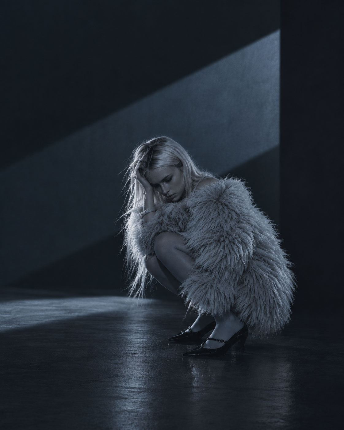 Eine blonde Frau kauert in einem dunklen, fast leeren Raum, während ein schmaler Streifen kalten Lichts durch die Schatten fällt. Die reduzierte Szenerie verbindet Melancholie, Dunkelheit und etwas Unheimliches zu einer stillen, entrückten Schattenwelt.